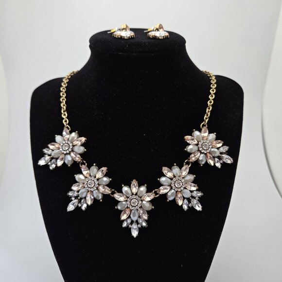 Vintage Crystal Rose White Statement Necklace Set Glam Wedding‎ Prom Drag Queen - Picture 1 of 6
